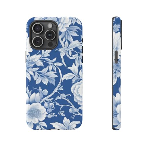Coque résistante iPhone 15 Pro Max motif floral bleu et blanc élégant et brillant