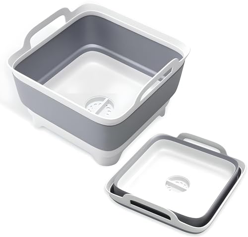 YEZZ - Collapsible Dish Basin, Dish Tub for Kitchen Sink,Collapsible Sink with Drain,Laundry Tub,Plastic Dish Tubs, 9l 2.4 Gal Camping Sink Foldable, Wash Basin for Elderly (White Gray)
