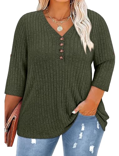 Image of Koscacy Women Plus Size V Neck 3 /4 Roll Sleeve Sweater Casual Knit Tops Solid Color Blouses