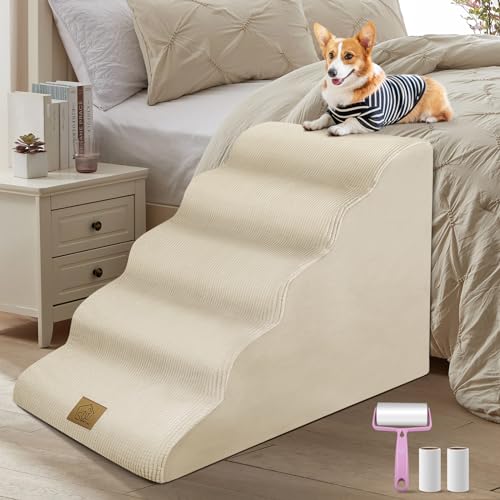 Mestuel 23in High Dogs Stairs, F Stairs for High Bed,5 Steps Ramp to High Couch Sofa Bed Indoor with Gentle Slope& Nonslip Bottom, Lint Roller Set, Beige