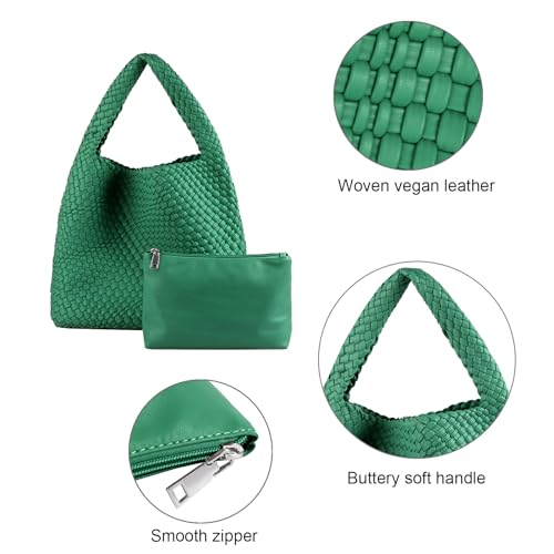 Image of Woven Tote Bag with Small Purses for Women, Vegan Leather Hobo Bags Straw Handbags Large Underarm Shoulder Bag