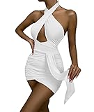 Sexyshine Women's Sexy Halter Criss Cross Hollow Out Club Mini Dress Backless Ruched Bodycon Evening Party Dresses(22615WH,XS) White