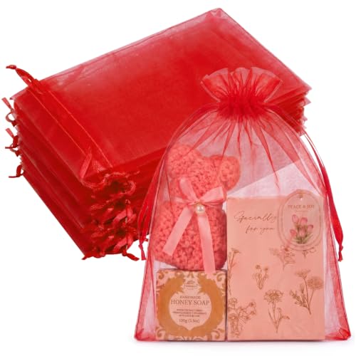 Image of Crweety 50PCS Organza Bags 8x12 Large Red Gift Bags for Women, Mesh Bag Drawstring Pouches for Goodie Jewelry Candy Sachet, Sheer Favor Bag for Birthday Wedding Graduation Baby & Bridal Shower Party