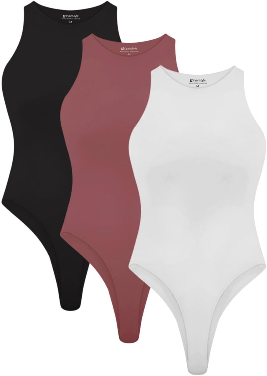 Cyanstyle Womens 3 Piece Bodysuits Sexy Sleeveless Racer Back High Neck Double Lined Bodysuit Tank Tops Black White Withered Rose Small