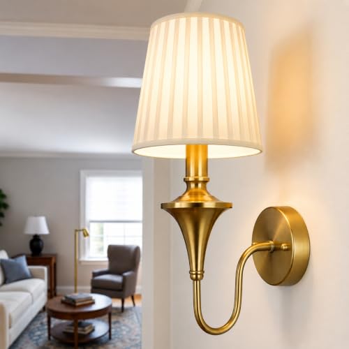 Image of Imperial Grace Vintage Gold Wall Lamp | Classic Cream Fabric Platted Shade | Wall Lamp with Metal Frame | Decorative Lighting Fixture for Living Room, Bedroom