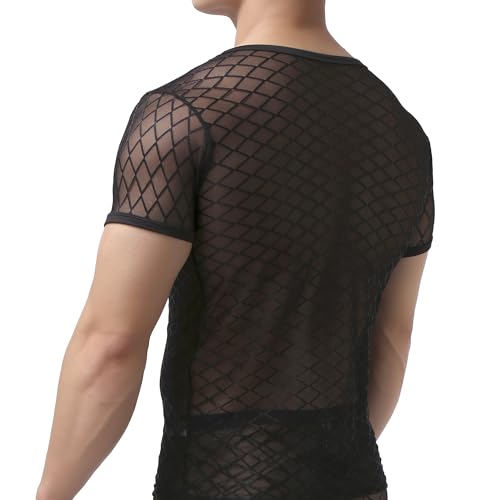 Crongless Herren Sexy Transparent T Shirt, Net Kurzarm Shirts Netzshirt Glatt Gaze Slim Fit Tops Reizwäsche Schwarz (DE/NL/SE/PL, Alphanumerisch, M, Regular, Regular)