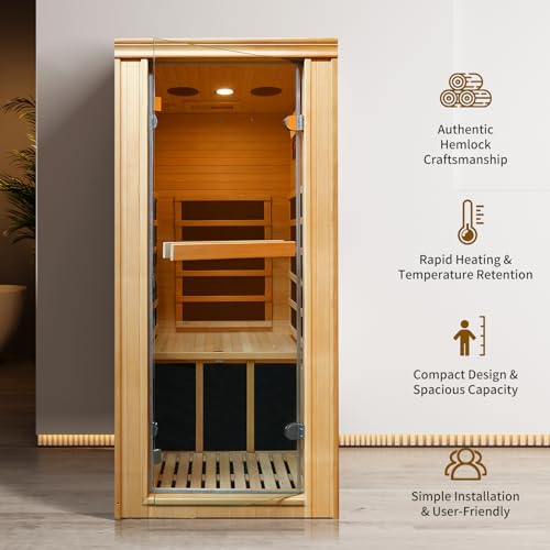 Sauna for Home Far Infrared Sauna Room for 1 Person Canadian Hemlock Wood Sauna for One Person Low-Emf Small Sauna for Home Single Indoor Infrared Sauna 980w with Reading Light, Speakers