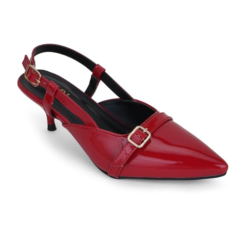Image of Women's Pointed Toe Kitten Heels, Elegant Glossy Patent Leather Slingback Pumps with Adjustable Buckle Strap, 2-Inch Pencil Heel Sandals