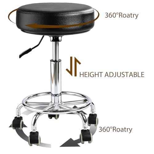 Image of Rolling Stool with Wheels - 500lbs,Thick 9.5cm Cushion, Height Adjustable | PU leather|Swivel silent rubber casters|Foot pedal ring|space-saving|For Drafting salon tattoo clinic garage home office
