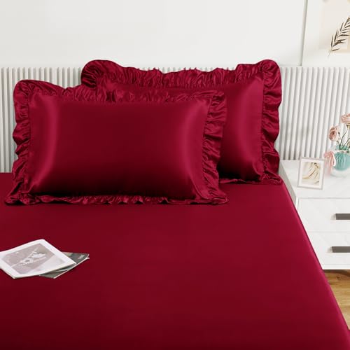 Image of Homiest Burgundy Queen Ruffle Pillowcase & Satin Fitted Sheet Set 3Pcs | Silky Satin Protects Hair And Skin, 15-Inch Deep Pocket, Pearlescent Rich Vintage Warmth, Easy Machine Wash Care