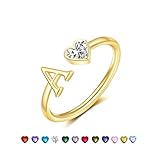 GLEZZA Initial Rings for Women Teen 14K Gold Plated Birthstone Rings Stackable Dainty Letter Rings Christmas Birthday Birthstone Jewelry Gifts for Mother Daughter,Adjustable Size 5-10