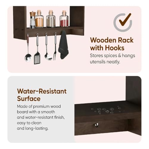 Image of Shoper cart Modern Kitchen Wall Shelf with Hooks, 3-Tier White and Beech Wood Storage Rack, 55 x 50 cm, Utensil Organizer with Spice Jar Display (Brown)