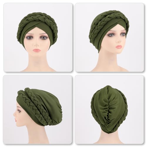 Image of DRESHOW African Women Turban Caps Cotton Beanie Twist Headscarf Pre-Tied Double Twisted Braids Wrap Hat Chemo Cancer Cap
