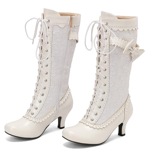 LUXMAX Women Gothic Victorian Boots Low Kitten Heel Mid Calf Boots Lace Up Cute Bow Boots for Ladies Witch Shoes3