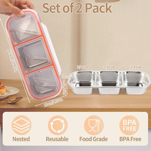 JINZORE Stainless Steel Snack Containers 2 Pack, Reusable Metal Snack Box Containers with Lids, 3 Compartment Leakproof Snack Prep Containers for Kids, Adult, Home, Travel - BPA Free by JINZORE - Used condition - Image 7