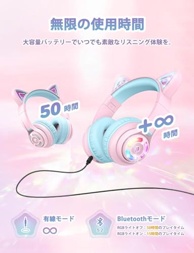 iClever 子供用ヘッドホン Bluetoothヘッドフォン 猫耳LEDライトアップワイヤレスキッズヘッドフォン 音量制限付き（74/85 dBA） 45Hプレイタイム マイク付き 学校/タブレット/PC用 BTH13 ピンク
