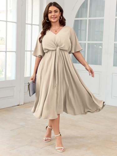 Image of SCOMCHIC Women Plus Size Midi Dresses Wedding Guest Short Sleeve V Neck Tie Waist Casual Summer Flowy A Line Dress