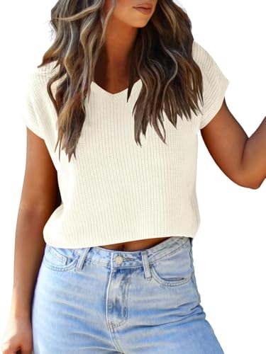 Image of LCXWFE Womens Summer Cropped Sweater Vest Trendy Cap Sleeve Crop Tops Crew Neck Loose Knit Tank Top