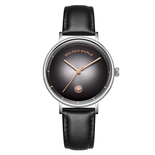 GOLDEN MAPLE Women‘s Watch Swiss Quartz Movement Watch for Women Minimalist Style Design Leather Watch - Ivy Series (Black)