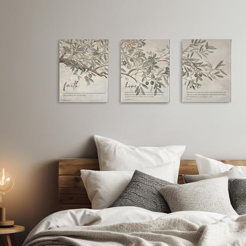 Toile murale chrétienne PHAMTE : lot de 3 tableaux rustiques olives