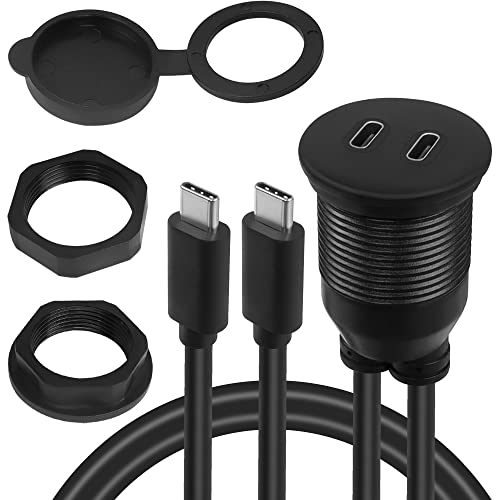 QIANRENON Dual USB C Threaded fixing Embedded Car Waterproof Cable 10Gbps 2 Port USB C 3.1 Male to Female Flush Panel Mount Extension Cable