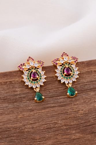Image of Radha's Creations brass Ruby Emerald stud earrings one gram gold for women and girls one gram gold