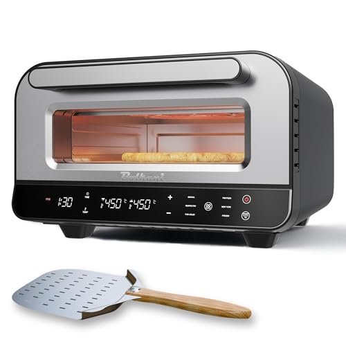 BOLKANI Horno eléctrico para pizza con piedra para pizza, 450 °C para pizza crujiente en 2 minutos, 1700 W, temporizador, iluminación interior y ventana, horno compacto para casa (negro)