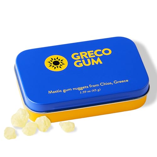 Greco Gum - Mastic Gum Nuggets – Large Pieces Hard Chewing Gum for Jawline Training, Digestive Support, Bloating Relief – Piney Flavor, Chios Mastiha – Plastic-Free, Sugar-Free – 1 Tin (1.59 oz)