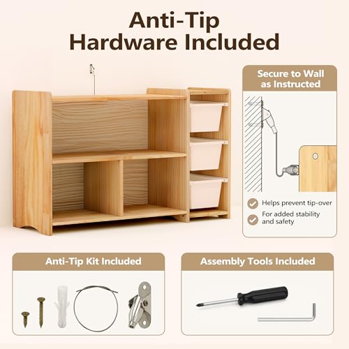 MallBest Montessori Shelf for Kids, Solid Wood Bookshelf and Toy Storage Organizer with 3 Removable Bins, Smooth Rounded Corners, Natural Wood Bookcase for Playroom, Nursery, Bedroom - Image 6