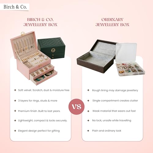 Image of Birch & Co. Jewellery Box - 3 Layer jwell organizer storage box, Portable Travel-Friendly Storage. Elegant Storage Case for Rings, Earrings, Necklaces & Bracelets, Pink