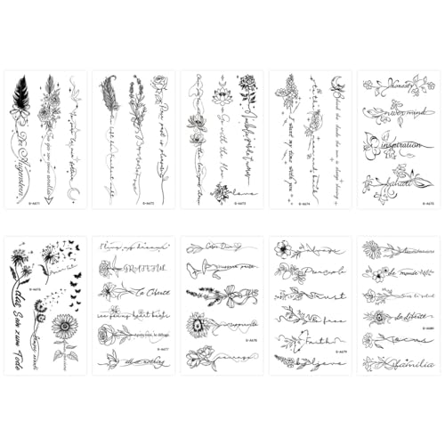 DOVBAN 10 Fogli Tatuaggi Temporanei Semipermanenti per Dita Mano Donna Uomo,Tatuaggi Finti Piccoli,Tatuaggi temporanei floreali e testi bianchi e neri impermeabili per Ragazze Adulti