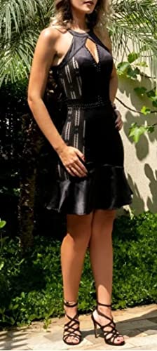 Vestido Feminino Festas Casamento Curto Tubinho Colado em Cetim com Renda (M, Preto)