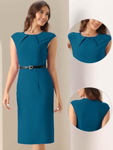 Image of Allegra K Business Dress for Women's Work Elegant 2026 Cap Sleeve Belted Office Sheath Dresses
