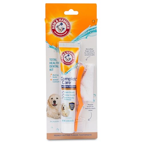 Arm & Hammer Complete Care Puppy Dental Kit, Enzymatic Toothpaste with Baking Soda and Calcium for Dogs, Peanut Butter Flavor, Toothbrush and Microfiber Brush Included, Fluoride-Free, 2.5 Oz
