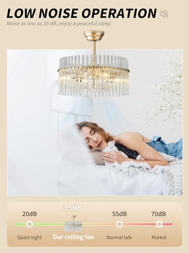Image of SYDACG 20 inch Gold and Clear Crystal Fandelier Ceiling Fan with Light, Mid-Century Chandelier Ceiling Fan with Light Remote Control, 6 Speeds for Bedroom, Nursery, Living Room