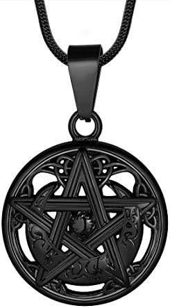 Hipunk Mens Pentagram Pentacle Necklace - Wiccan Pagan Crescent Moon Irish Pendant Magical Star Celtic Knot 316L Stainless Steel Black Gun Plated Tetragrammaton Satanism Jewelry SP0017B