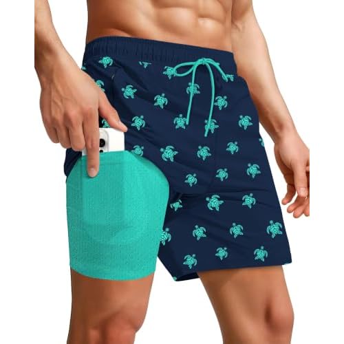 Yufawow 7 Inch Men Swim Trunks with Compression Breathable Liner Quick Dry Zipper Pockets for Pool Board Beach Cruise