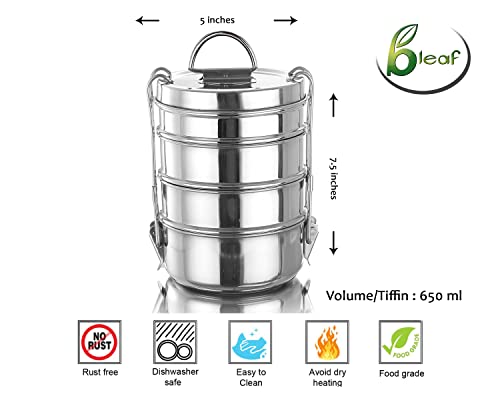 Image of BLeaf- Stainless Steel-4 Container Lunch /Tiffin Box-Food Grade 4 Tier (650ml) (Pack of 2)