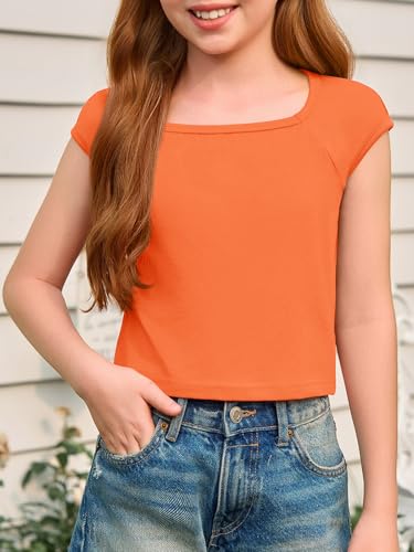Image of Haloumoning Girls Crop Tops Summer Short Sleeve T Shirts Kids Square Neck Slim Fit Basic Tee