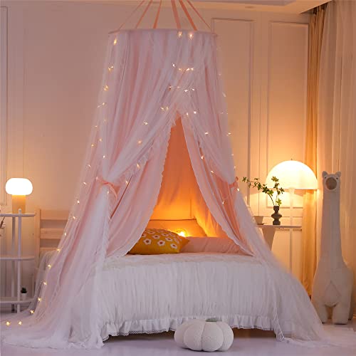 Vethin Double Layer Princess Round Dome Canopy Bed Curtain For Girls Adults,Children Dreamy Mosquito Net,Cute Bedroom Decoration Castle Play Tent Reading Nook Canopies(Dome-Pink/White) #TOP3