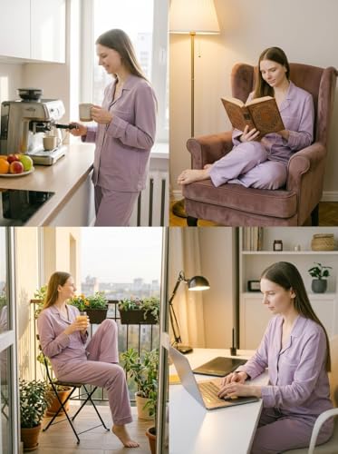 Image of Pjmlifecoco Pajamas Set Long Sleeve Womens Button Down Sleepwear Two Piece Nightwear Soft Pj Lounge Sets S-XXL