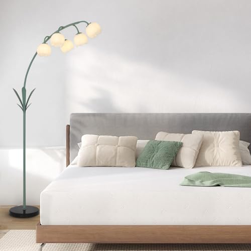 Image of HMVPL Arc Floor Lamp for Living Room, Flower Floor Lamp with 5 G9 LED Bulbs, Foot Switch, Green Floral Standing Lamp with Acrylic Shade, Curved Tall Lamp for Living Room Bedroom Corner Kids Reading