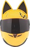 Motorcycle Street Helmet Full Face Style with Cat Ears, Personalized Locomotive Women Cat Ear Helmet, DOT Certified Adult Racing Crash Men Moped Helmet, Yellow