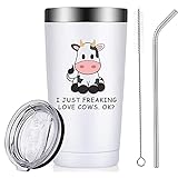 RNFENQS Cow Gifts, I Just Freaking Love Cows OK Tumblers with Lids and Straws, Farm Animal Stainless