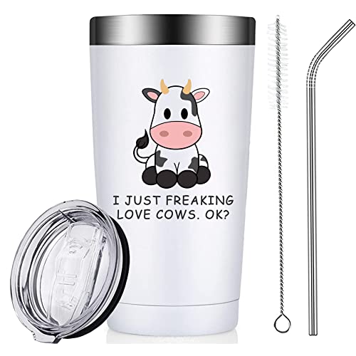Rnfenqs Cow Gifts, I Just Freaking Love Cows Ok Tumblers With Lids And Straws, Farm Animal Stainless Steel Vacuum Insulated Travel Tumbler Cups 20 Oz For Cow Lovers #TOP6