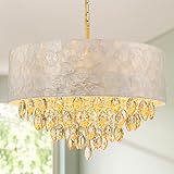 Pine Flicker X-Large 6-Light Drum Capiz Shell K9 Crystal Chandelier, Coastal Style Pendant Light Fixture for Dining Room, Living Room, D24 * H24~70 Inch (Adjustable), Champagne Crystal & Chrome Finish