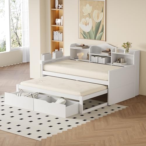 ECLIVON Sofa Cama Infantil 90x200 con USB y Cama Extensible, Cama Nido 90x190 Dos Camas con 2 Cajones y Estanterias Almacenaje, Camas Infantiles Individual con Láminas, Sin Colchón (Blanco)