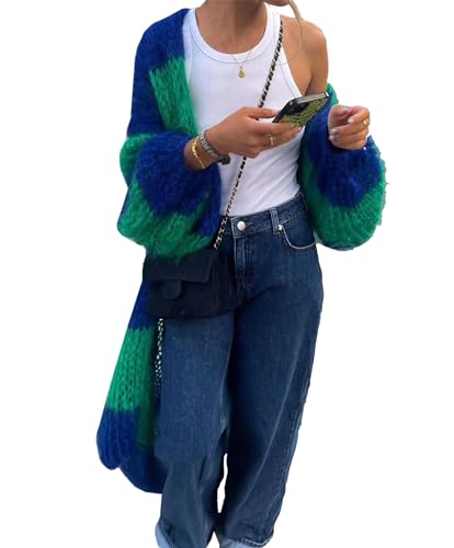 Womens Color Block Striped Cardigan Sweaters Loose Knitted Long Open Front Cardigans