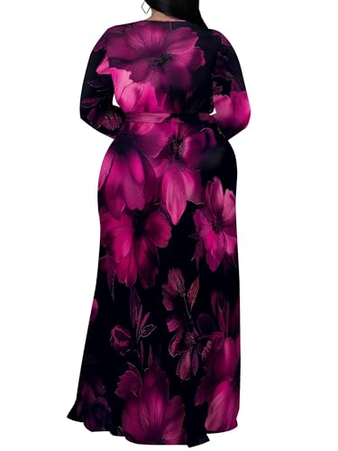 Image of PinkPatty Women's Plus Size Long Sleeve Maxi Dress Casual V Neck Slit Tie Waist Wrap Dresses for Party Cocktail