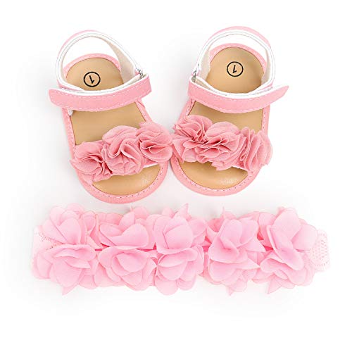 Chiusura: A strappo. MAHUAOYIXI Completi 2 Pezzi Sandali Morbido Neonate + Fascia Fiore Scarpine Bimba Antiscivolo Elegante Scarpe Estive Prima Infanzia Comodo da 0-18 Mesi (Rosa A, 0-6M)